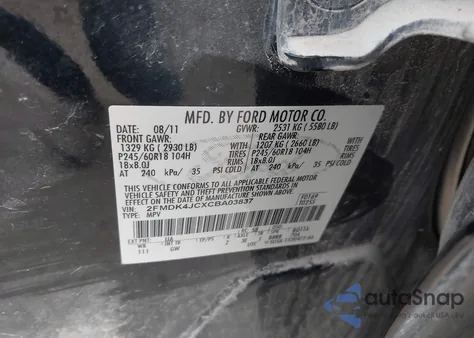 2012 Ford Edge Sel из США, поврежденный, VIN 2FMDK4JCXCBA03837